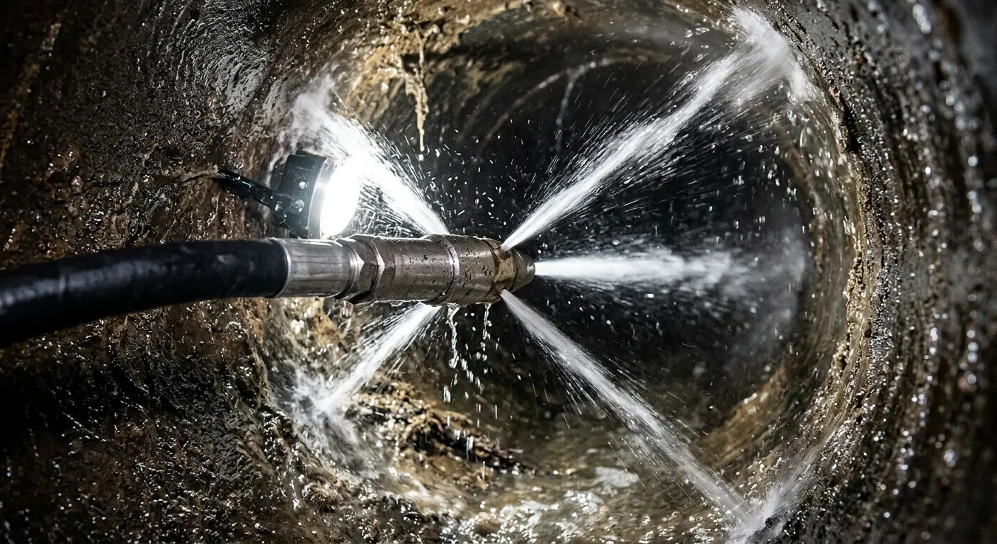 High-pressure hydro jetting nozzle cleaning sewer pipe for Sewer Line Relining in Tehaleh