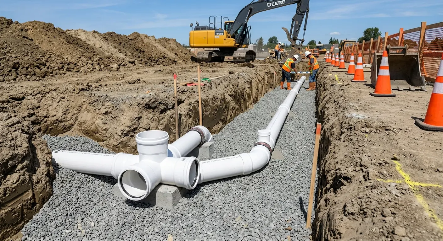 New PVC sewer pipe installation in open trench for Commercial Drain Cleaning in Tehaleh