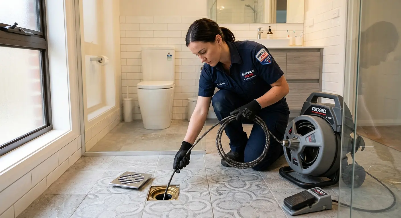 Technician clearing a bathroom floor drain for Drain Repair in Tehaleh